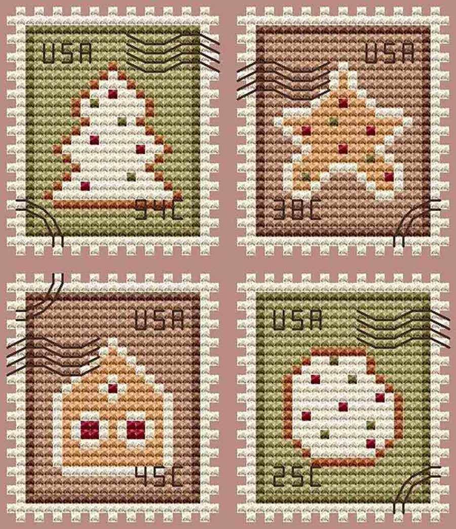 A stitched preview of the counted cross stitch pattern Gingerbread Postage Stamps by Kate Spiridonova