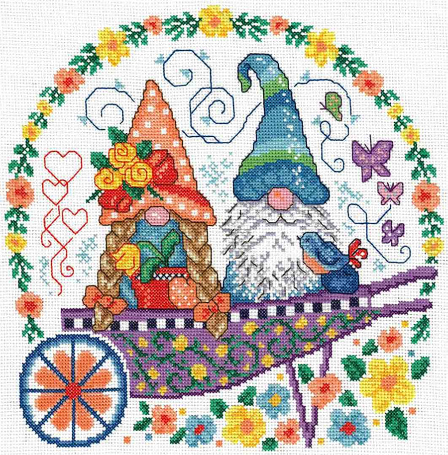 A stitched preview of the counted cross stitch pattern Gnomes In The Garden by Ursula Michael