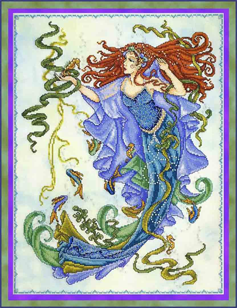 A stitched preview of the counted cross stitch pattern Goddess Of The Sea by Joan A Elliott