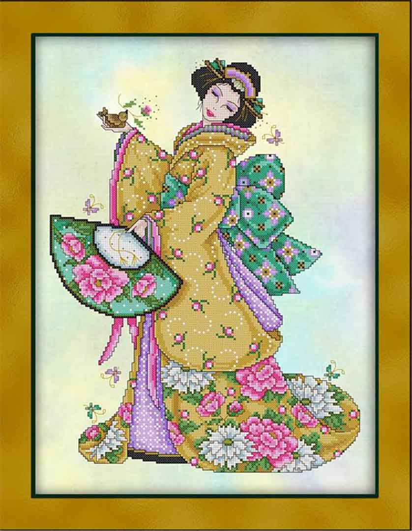 A stitched preview of the counted cross stitch pattern Golden Geisha by Joan A Elliott