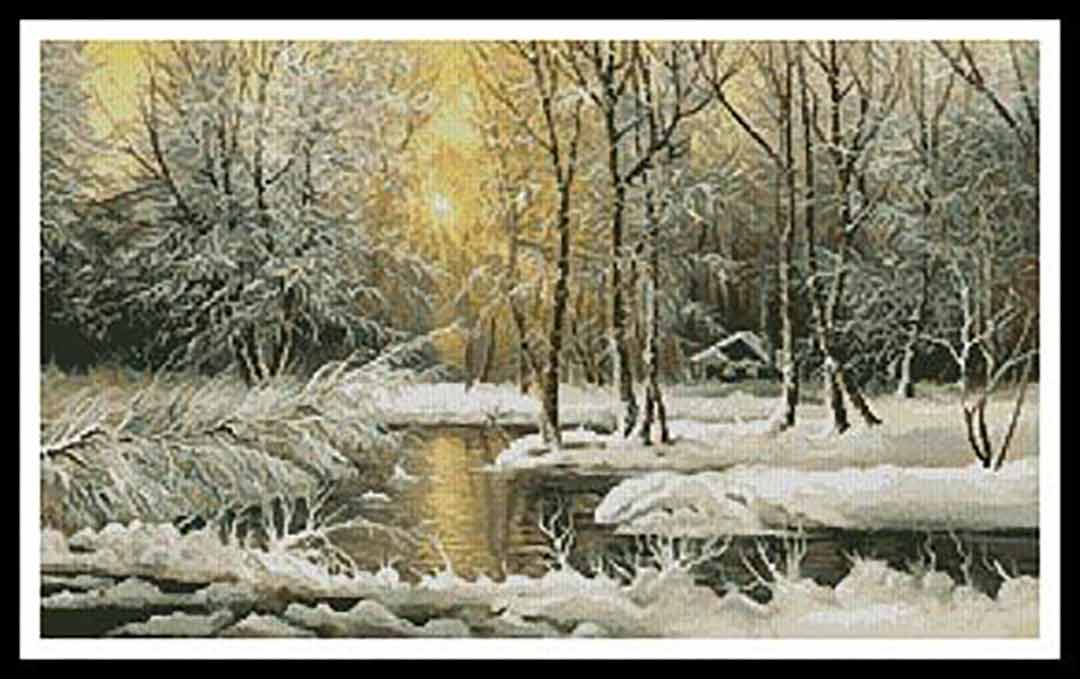 A stitched preview of the counted cross stitch pattern Golden Winter Lake by Artecy Cross Stitch