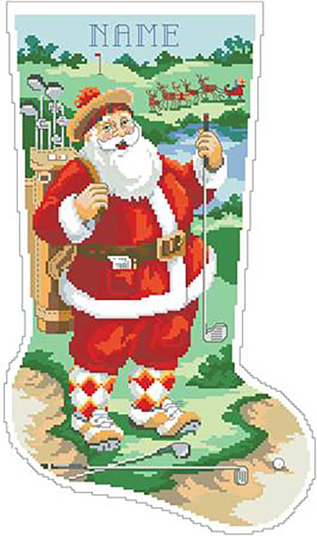 A stitched preview of the counted cross stitch pattern Golfing Santa Stocking by Kooler Design Studio