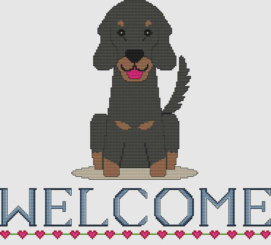 A stitched preview of the counted cross stitch pattern Gordon Setter Welcome by DogShoppe Designs