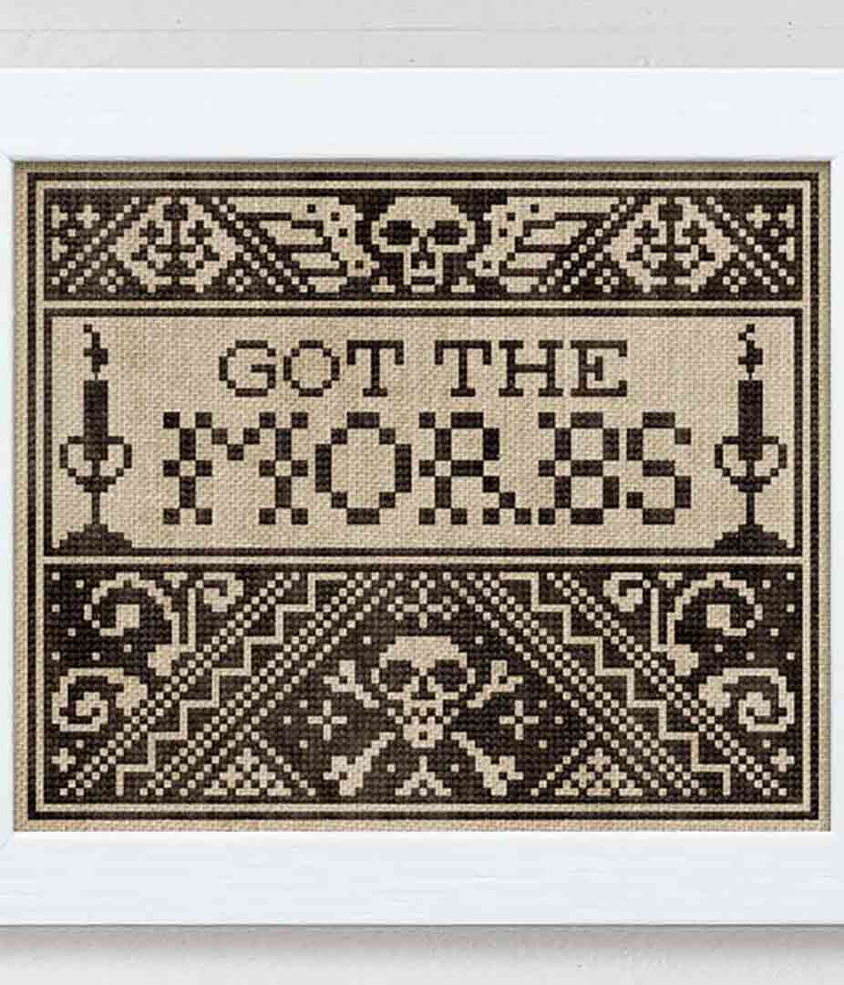 A stitched preview of the counted cross stitch pattern Got The Morbs by Modern Folk Embroidery