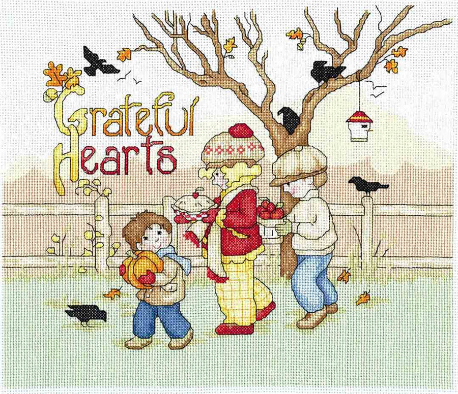 A stitched preview of the counted cross stitch pattern Grateful Hearts by Mary Engelbreit