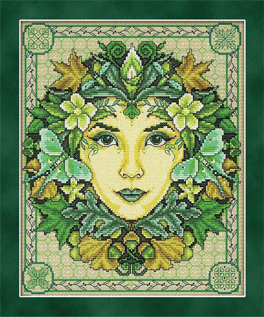 A stitched preview of the counted cross stitch pattern Green Goddess by Joan A Elliott