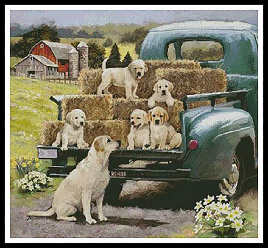 A stitched preview of the counted cross stitch pattern Green Truck Pups by Artecy Cross Stitch