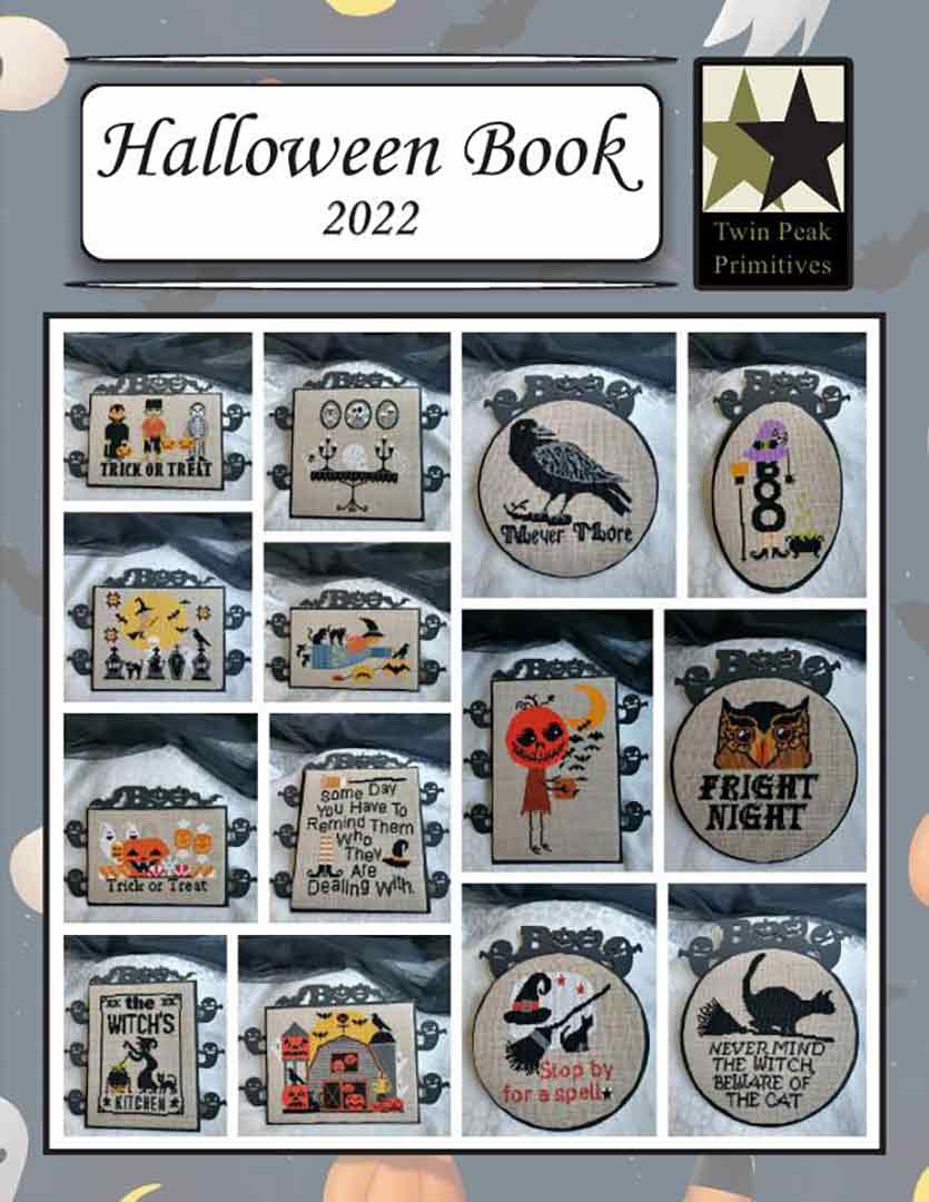 A stitched preview of the counted cross stitch pattern Halloween Book 2022 by Twin Peak Primitives