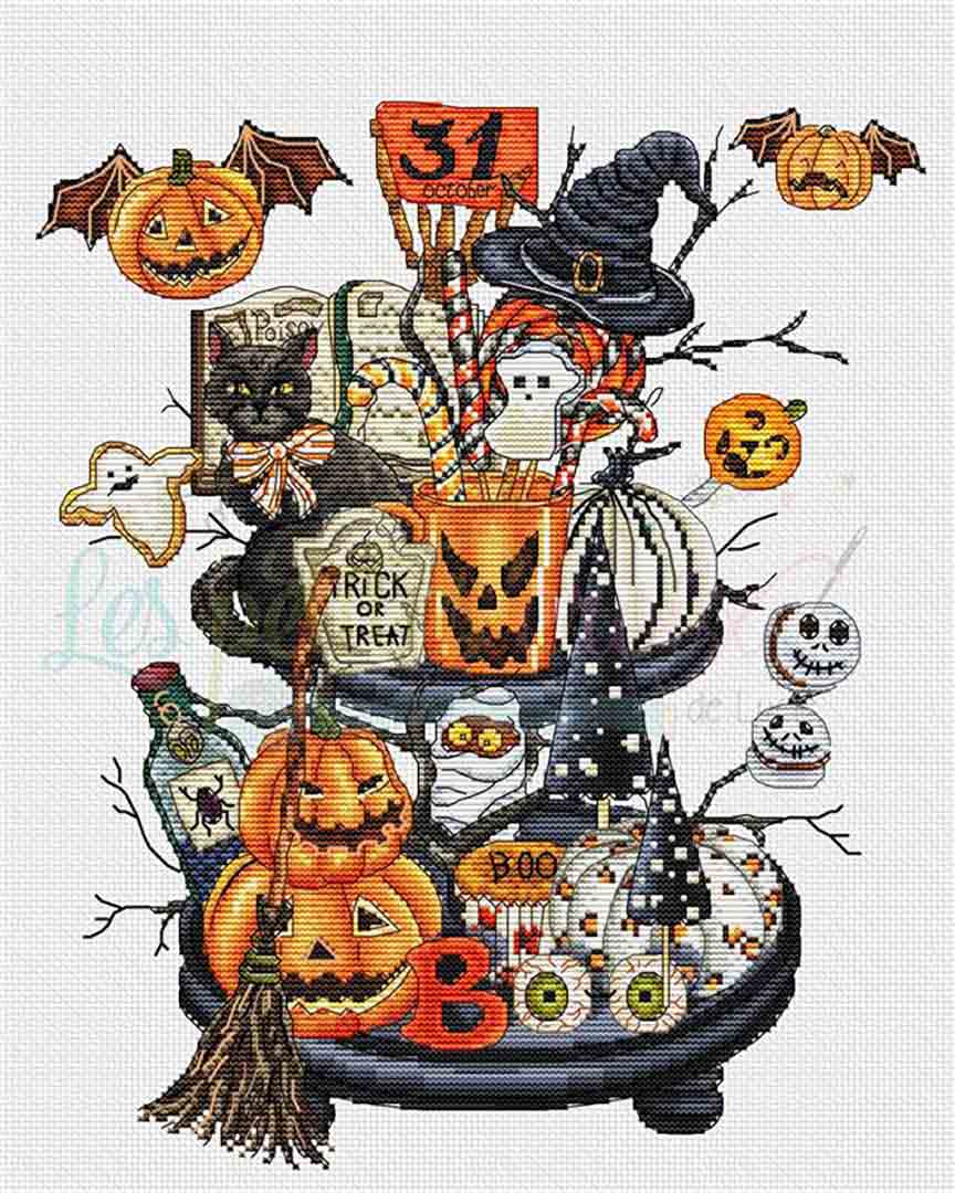 A stitched preview of the counted cross stitch pattern Halloween Candy Shelf by Les Petites Croix De Lucie
