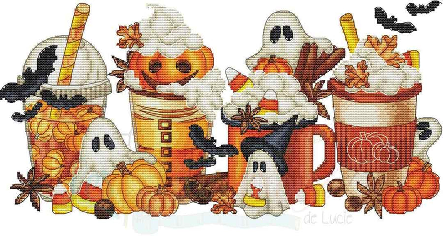 A stitched preview of the counted cross stitch pattern Halloween Coffees by Les Petites Croix De Lucie