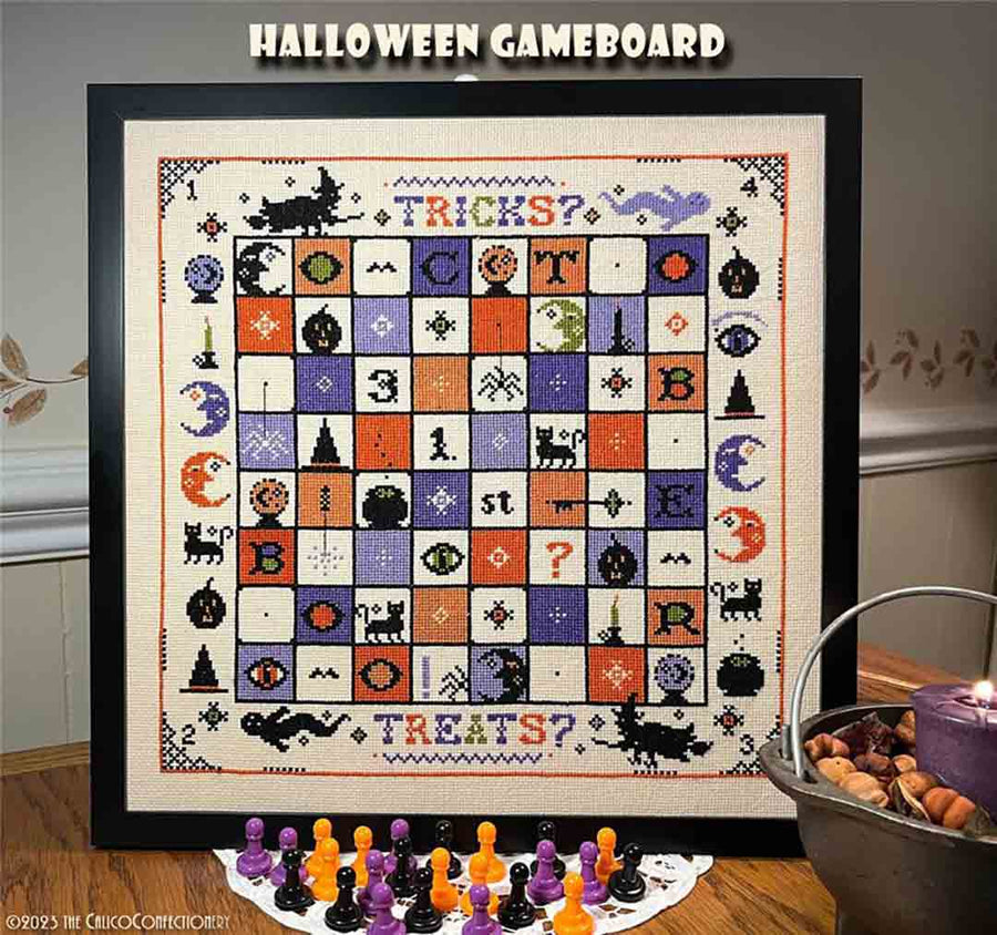 A stitched preview of the counted cross stitch pattern Halloween Game Board by The Calico Confectionery
