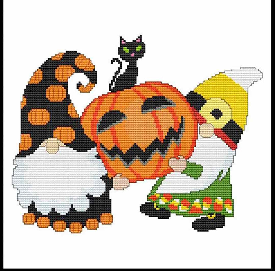 A stitched preview of the counted cross stitch pattern Halloween Gnomes - Cat On Pumpkin by Marcia Manning