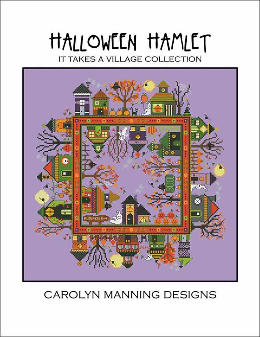 A stitched preview of the counted cross stitch pattern Halloween Hamlet by Carolyn Manning Designs