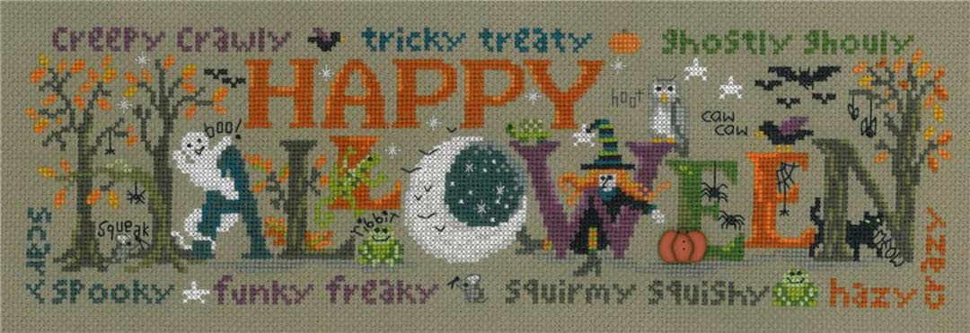 A stitched preview of the counted cross stitch pattern Halloween Happiness by Sandra Cozzolino