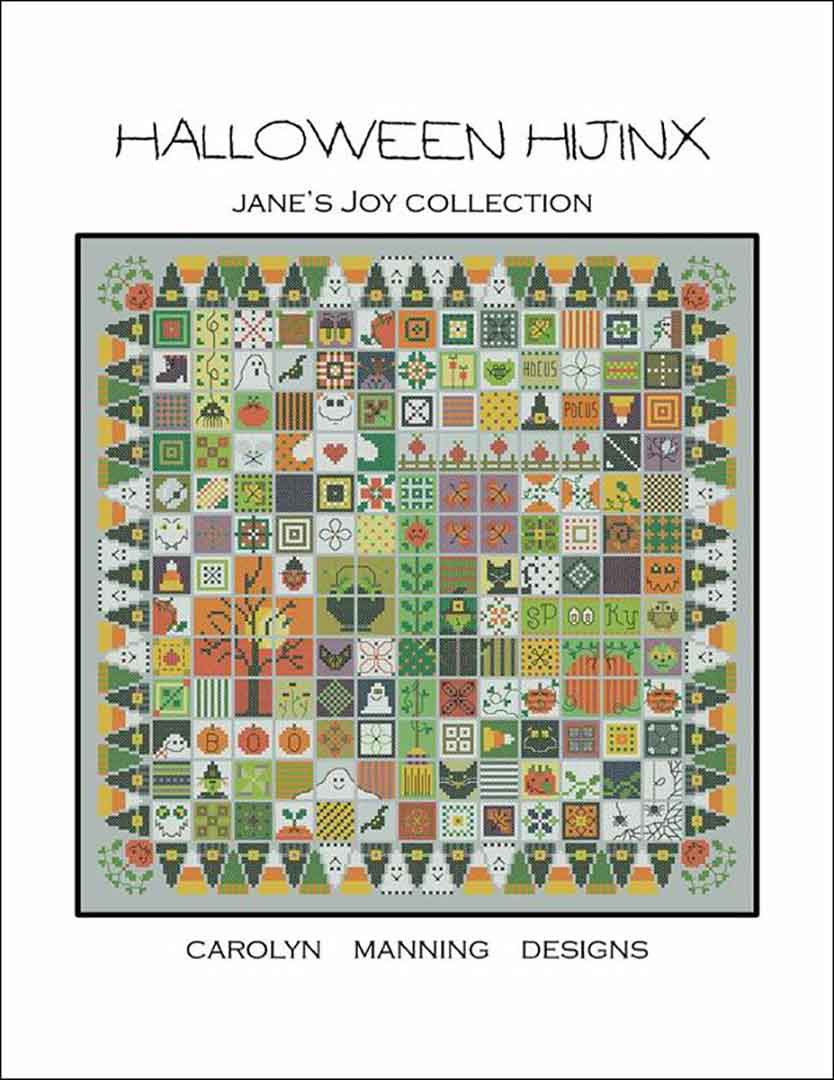 An image of the cover of the counted cross stitch pattern Halloween Hijinx by Carolyn Manning Designs
