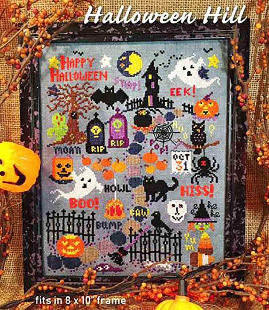 A stitched preview of the counted cross stitch pattern Halloween Hill by The Calico Confectionery