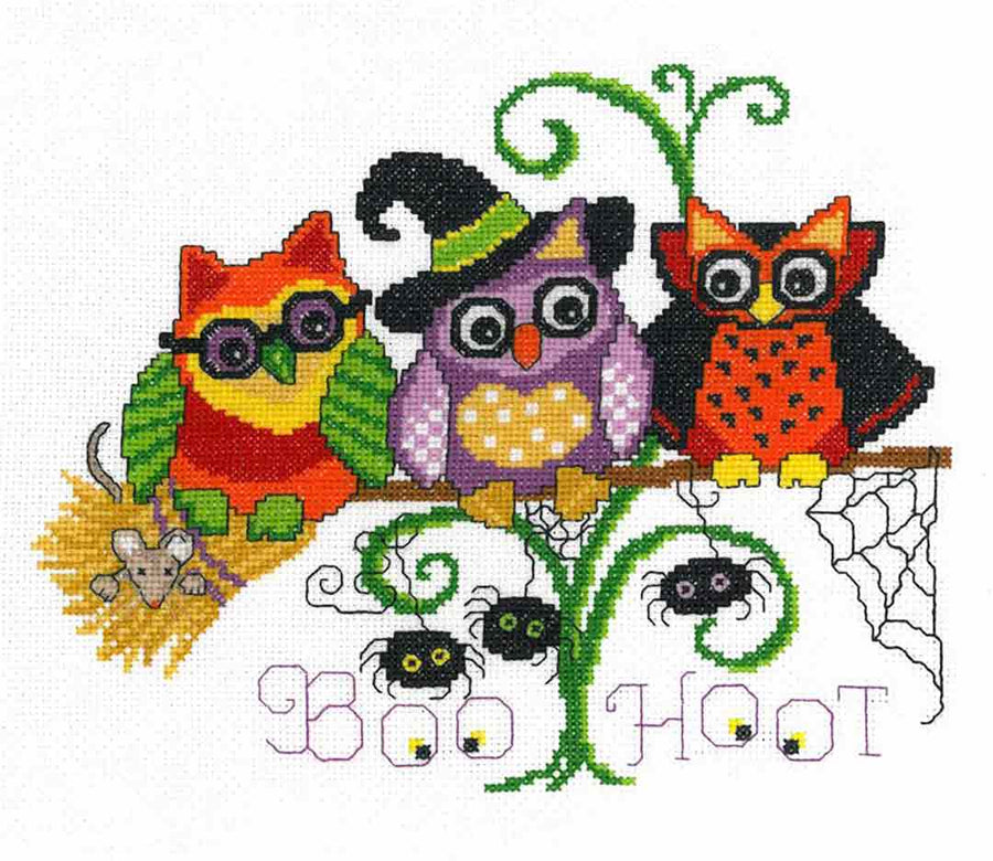 A stitched preview of the counted cross stitch pattern Halloween Hoots by Ursula Michael
