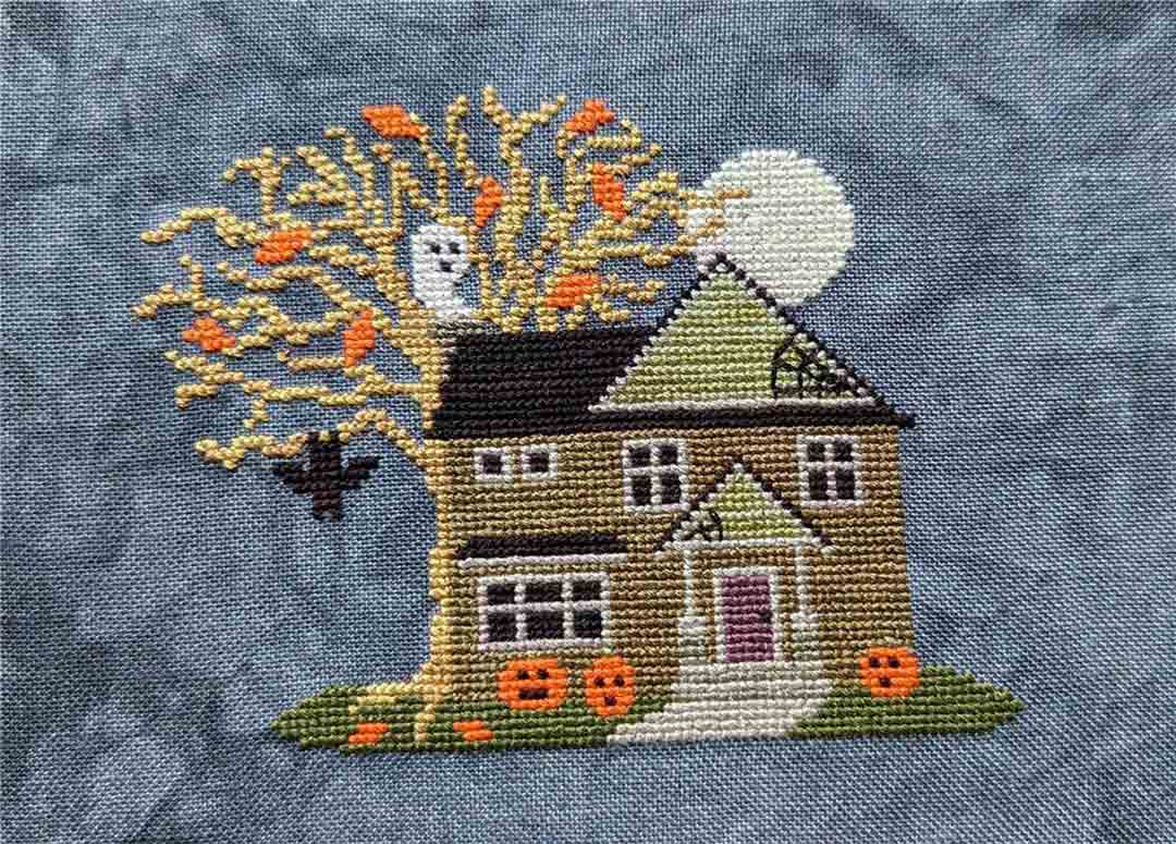 A stitched preview of the counted cross stitch pattern Halloween House by KEB Studio Creations