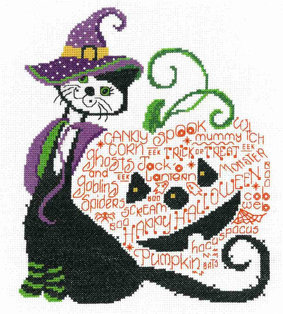 A stitched preview of the counted cross stitch pattern Halloween Kit Kat by Ursula Michael