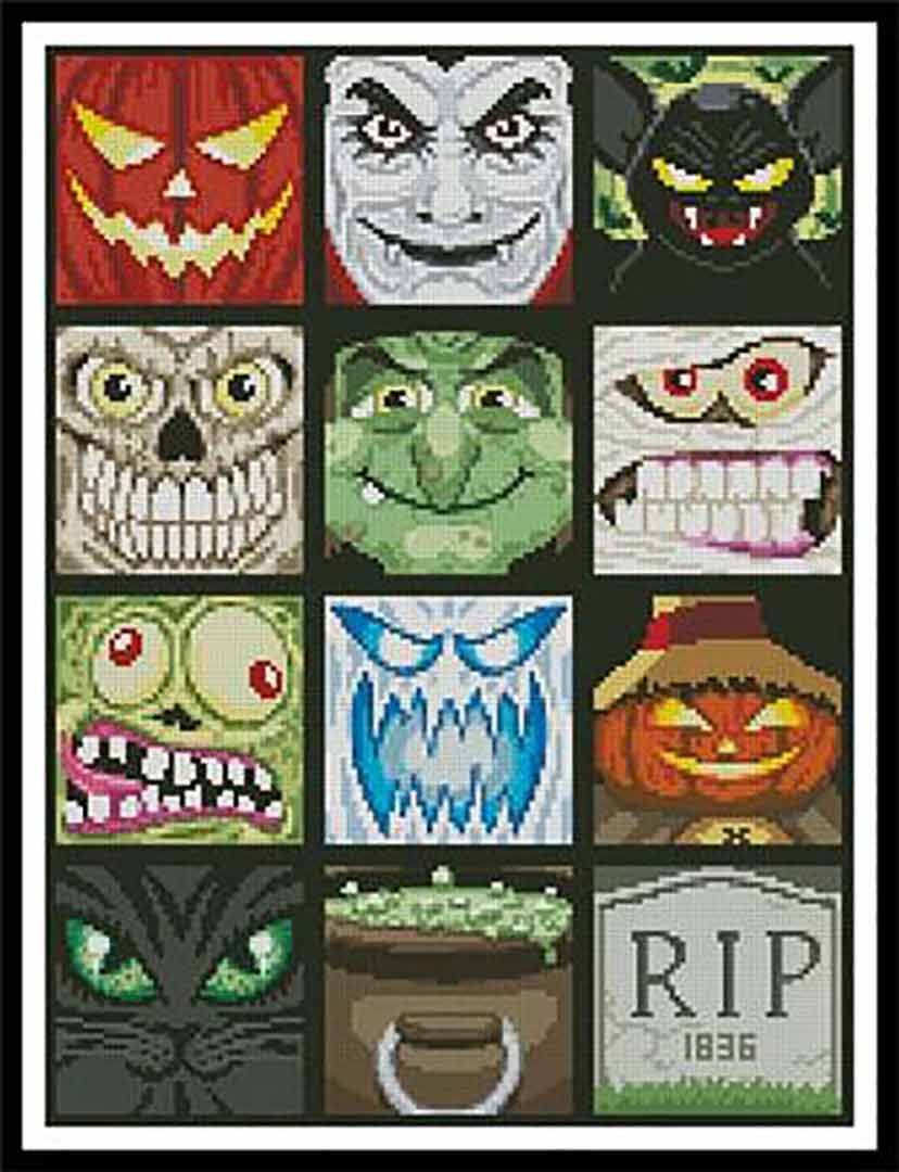 A stitched preview of the counted cross stitch pattern Halloween Minis by Artecy Cross Stitch