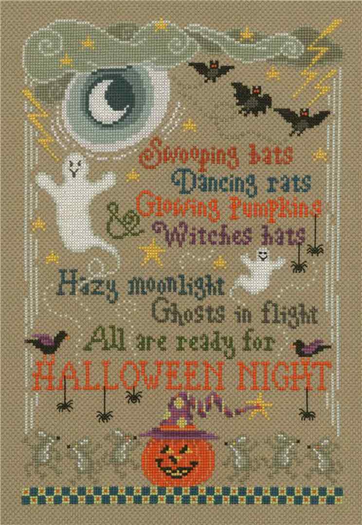 A stitched preview of the counted cross stitch pattern Halloween Night by Sandra Cozzolino