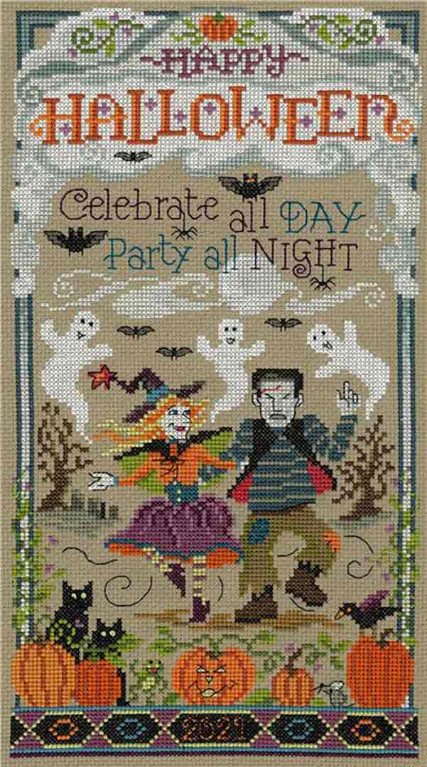 A stitched preview of the counted cross stitch pattern Halloween Party by Sandra Cozzolino