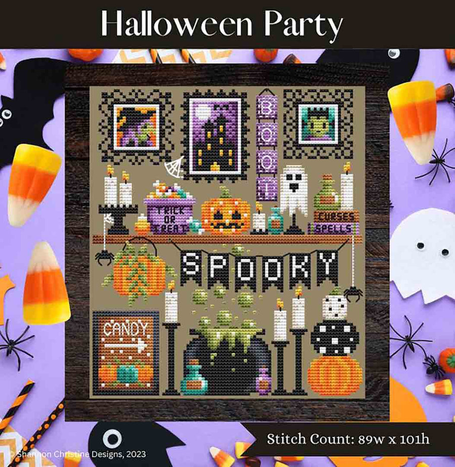 A stitched preview of the counted cross stitch pattern Halloween Party by Shannon Christine Designs