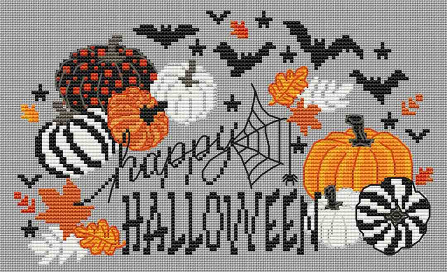 A stitched preview of the counted cross stitch pattern Halloween Pumpkins by Erin Elizabeth Designs