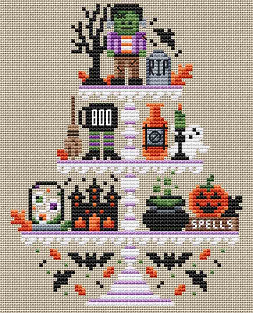 A stitched preview of the counted cross stitch pattern Halloween Tier by Erin Elizabeth Designs