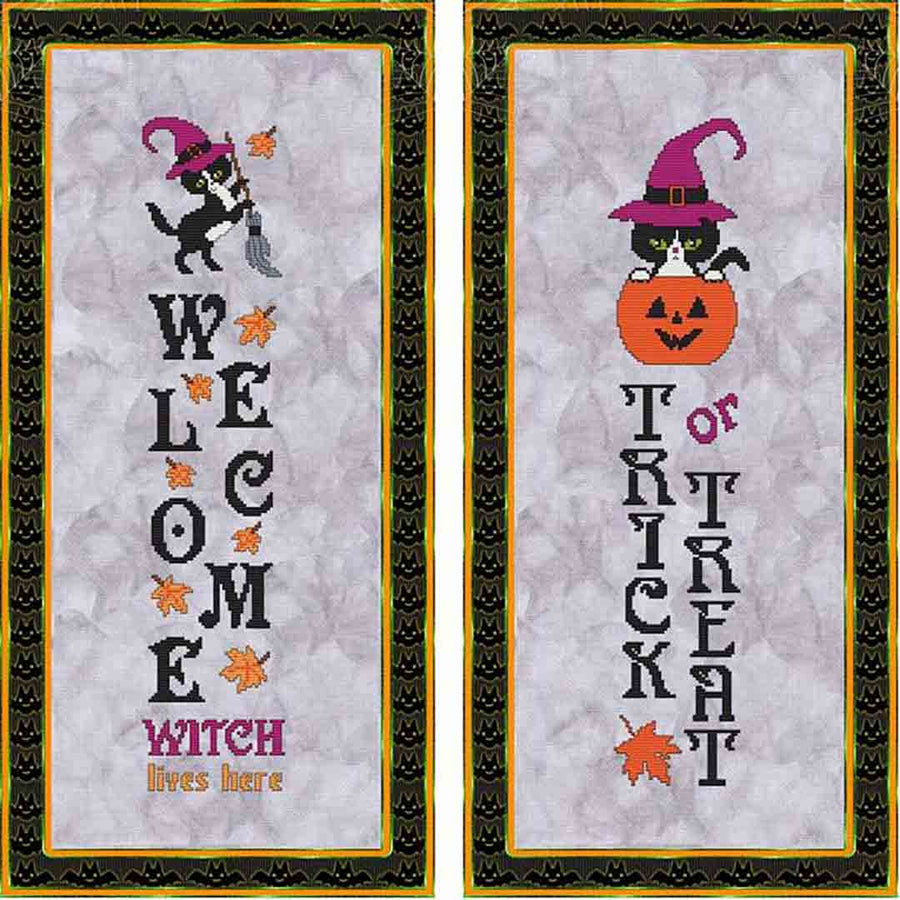 A stitched preview of the counted cross stitch pattern Halloween Welcome And Trick Or Treat by Marcia Manning