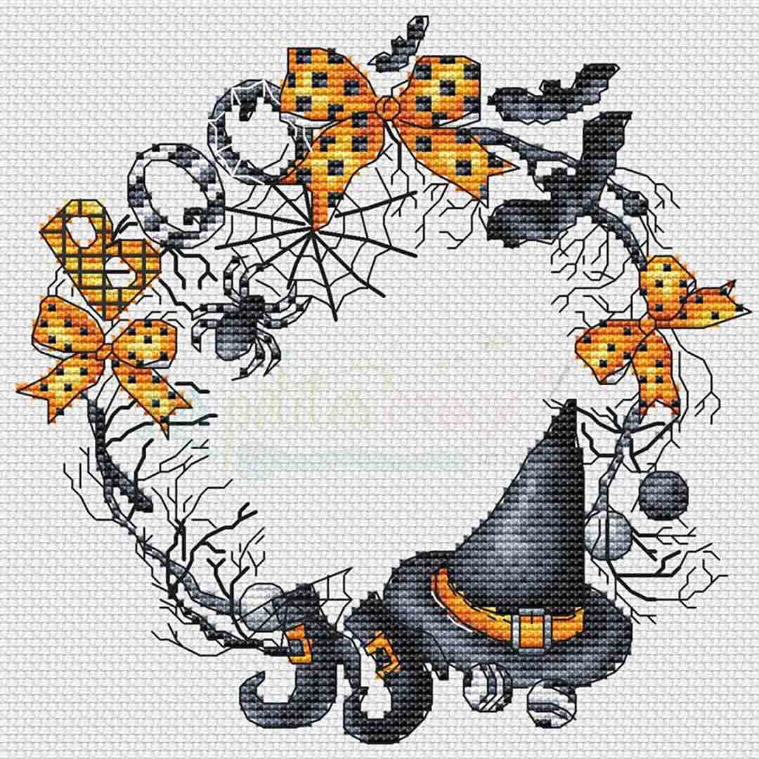 A stitched preview of the counted cross stitch pattern Halloween Wreath by Les Petites Croix De Lucie