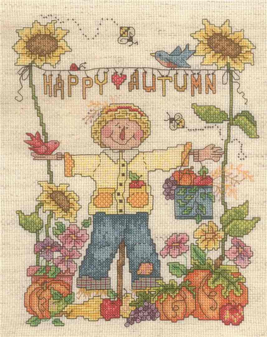 A stitched preview of the counted cross stitch pattern Happy Autumn by Robin Kingsley