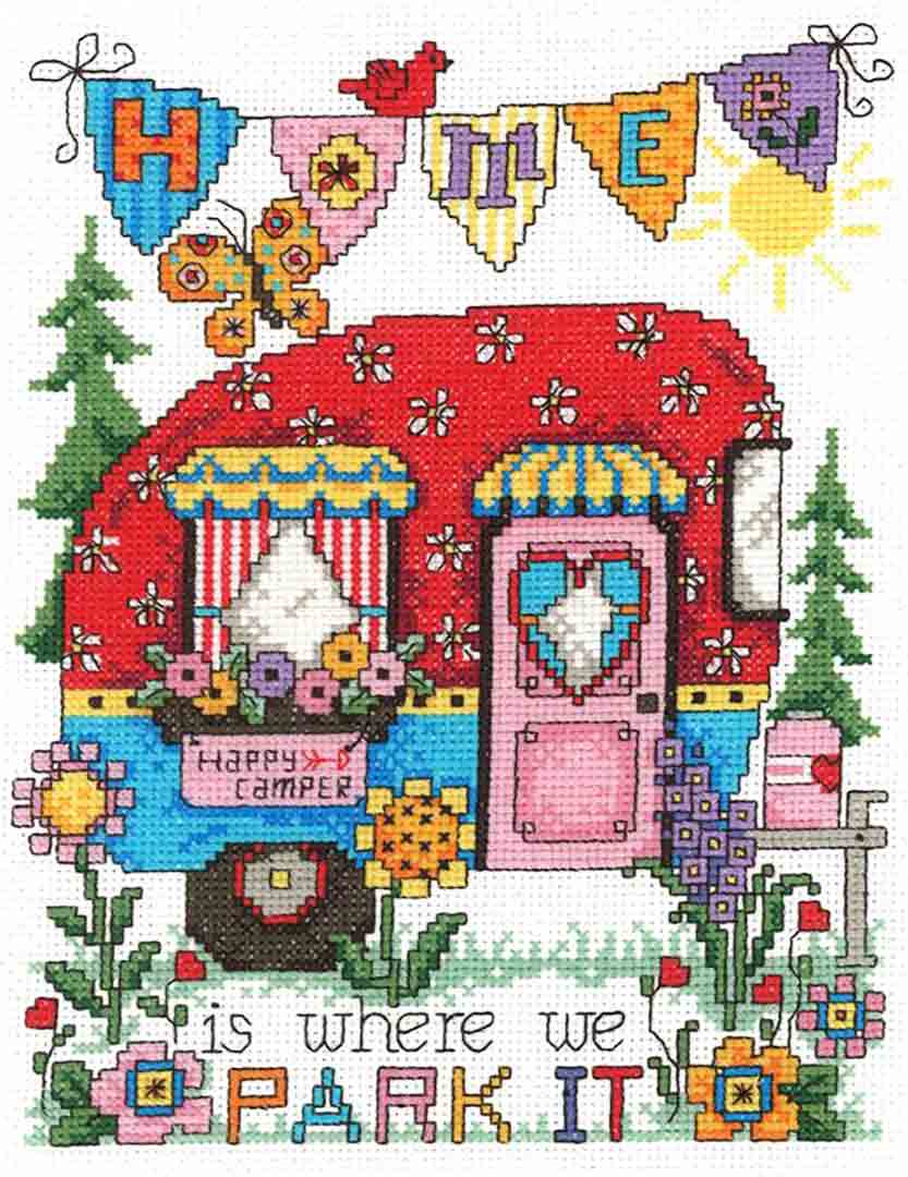 A stitched preview of the counted cross stitch pattern Happy Camper by Diane Arthurs