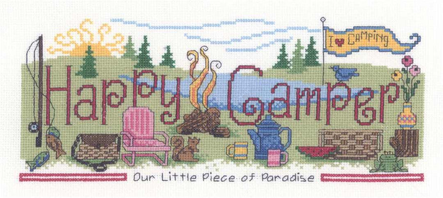 A stitched preview of the counted cross stitch pattern Happy Camper by Diane Arthurs