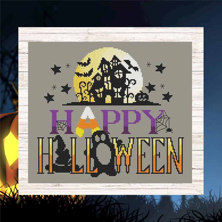 A stitched preview of the counted cross stitch pattern Happy Halloween by Erin Elizabeth Designs