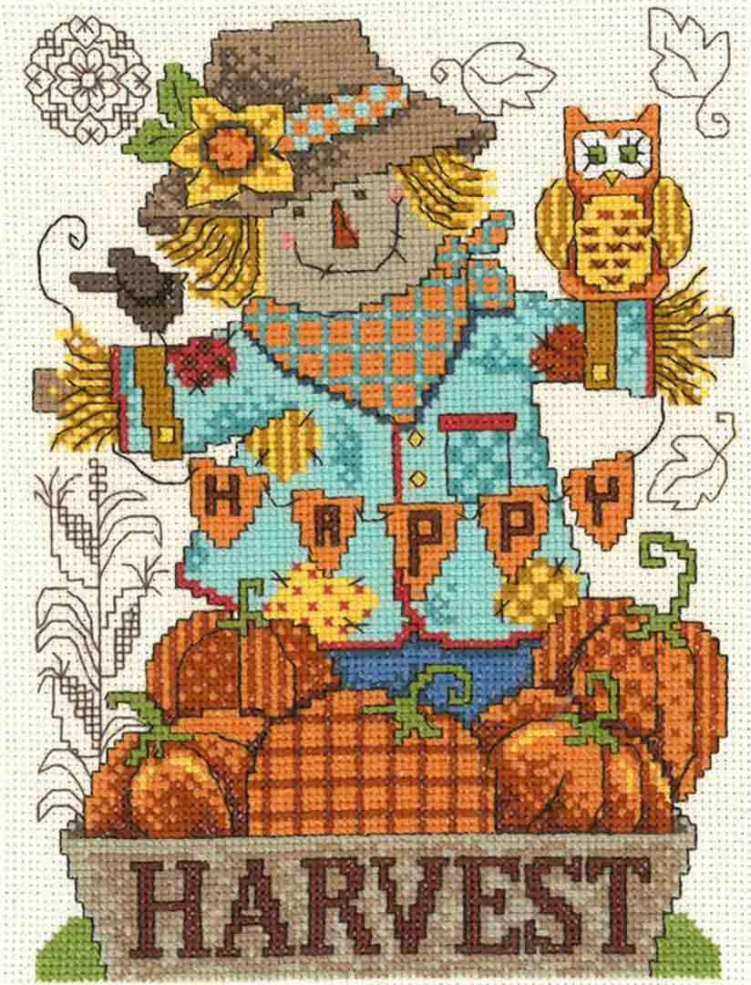 A stitched preview of the counted cross stitch pattern Happy Harvest Scarecrow by Diane Arthurs