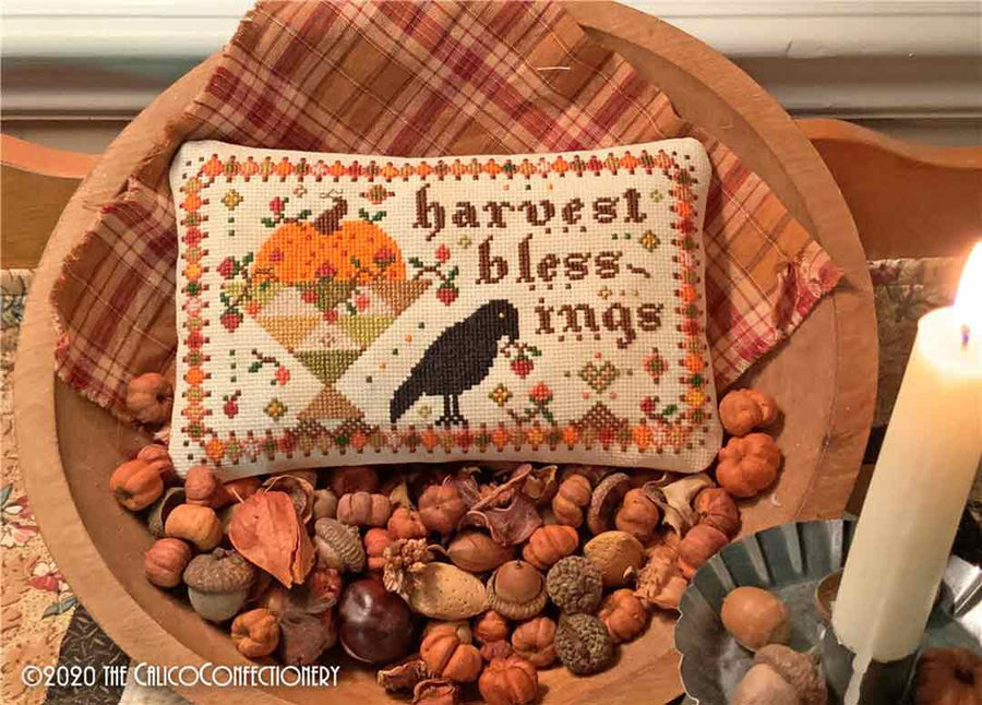 A stitched preview of the counted cross stitch pattern Harvest Blessings by The Calico Confectionery