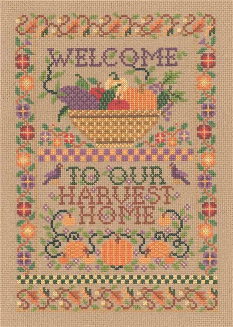 A stitched preview of the counted cross stitch pattern Harvest Home Welcome by Sandra Cozzolino