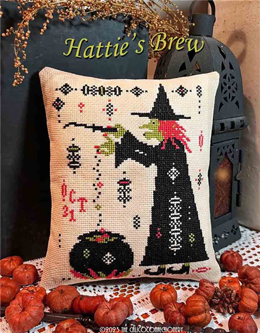 A stitched preview of the counted cross stitch pattern Hattie's Brew by The Calico Confectionery