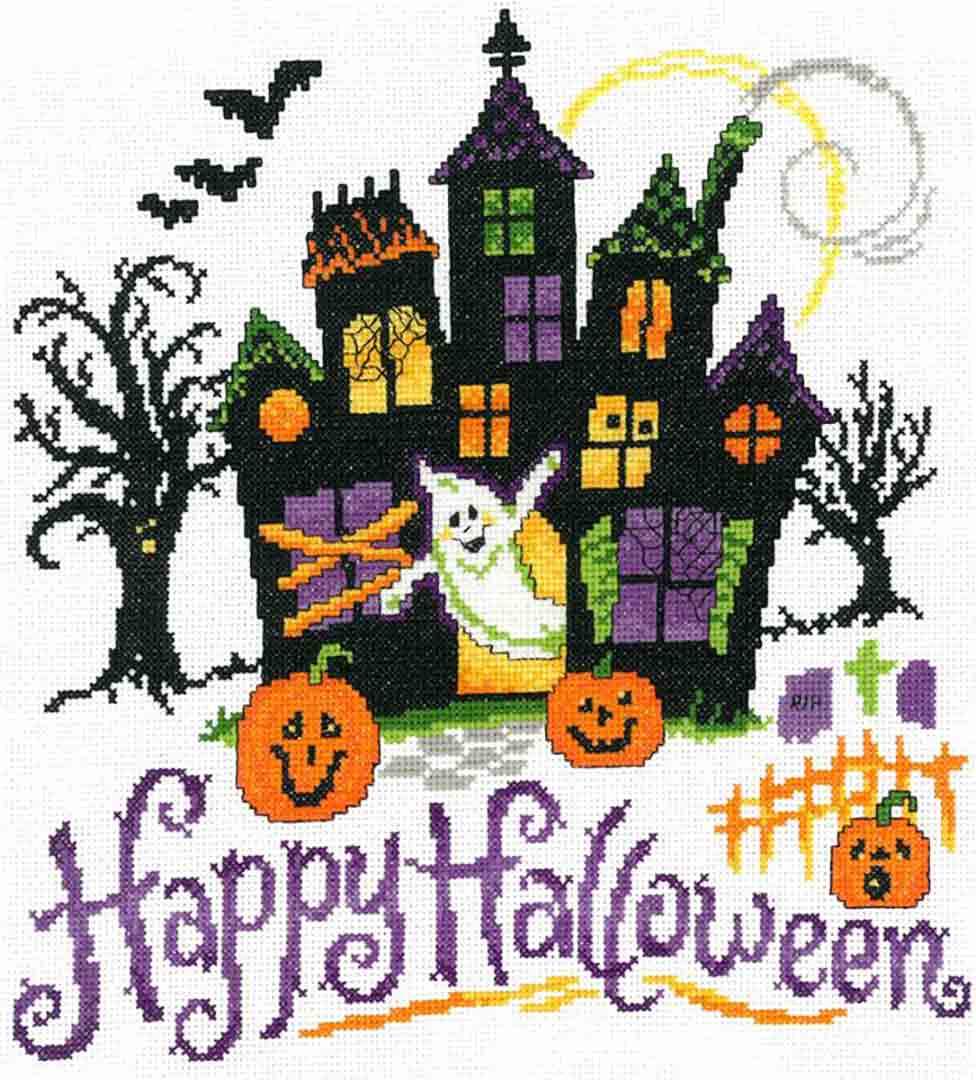 A stitched preview of the counted cross stitch pattern Haunted Halloween House by Ursula Michael