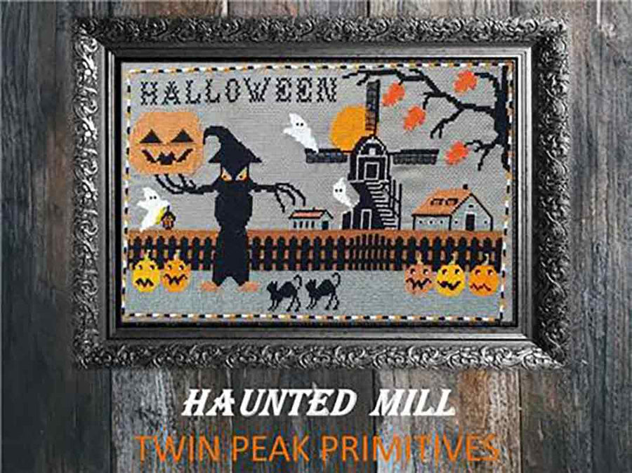A stitched preview of the counted cross stitch pattern Haunted Mill by Twin Peak Primitives