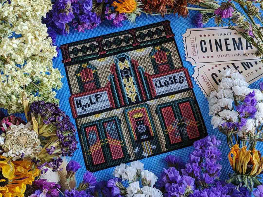 A stitched preview of the counted cross stitch pattern Haunted Theatre by StitchSprout