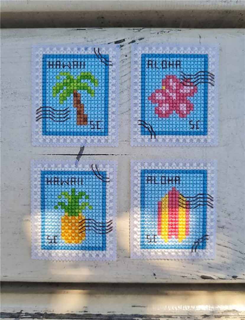 A stitched preview of the counted cross stitch pattern Hawaiian Postage Stamps by Kate Spiridonova