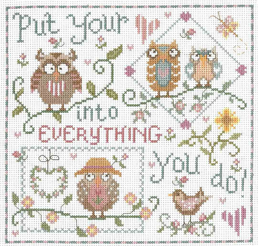 A stitched preview of the counted cross stitch pattern Heart In Everything by Gail Bussi