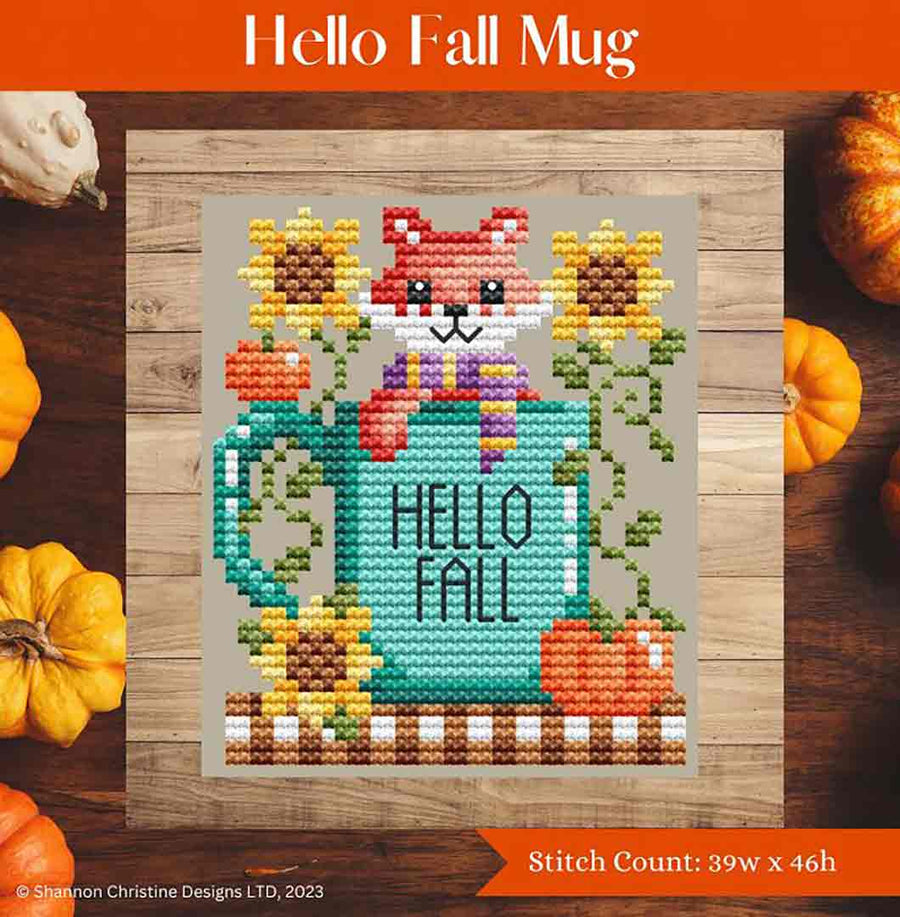A stitched preview of the counted cross stitch pattern Hello Fall Mug by Shannon Christine Designs