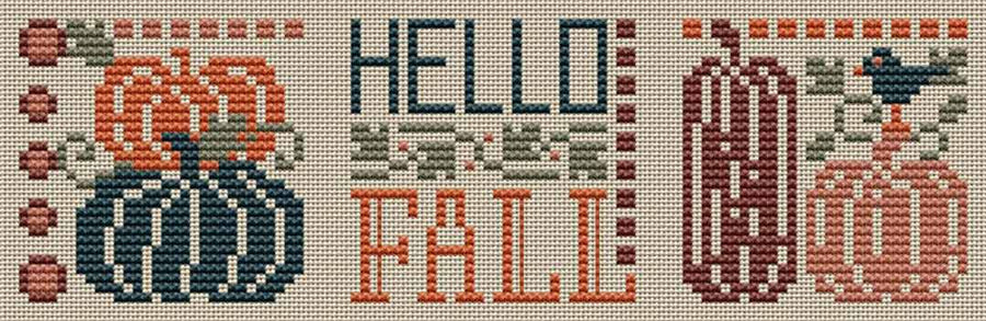 A stitched preview of the counted cross stitch pattern Hello Fall Smalls by Erin Elizabeth Designs