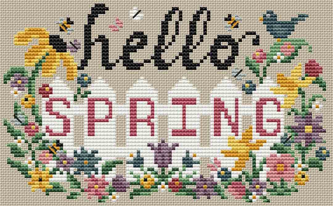 A stitched preview of the counted cross stitch pattern Hello Spring by Erin Elizabeth Designs