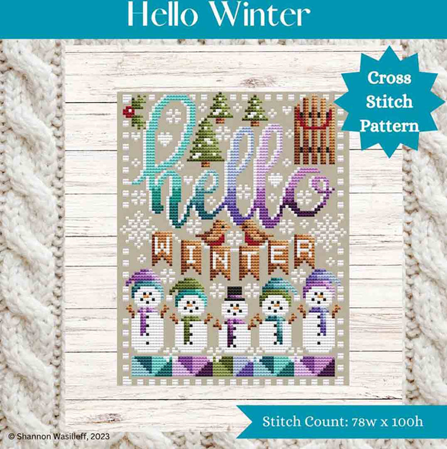 A stitched preview of the counted cross stitch pattern Hello Winter by Shannon Christine Designs