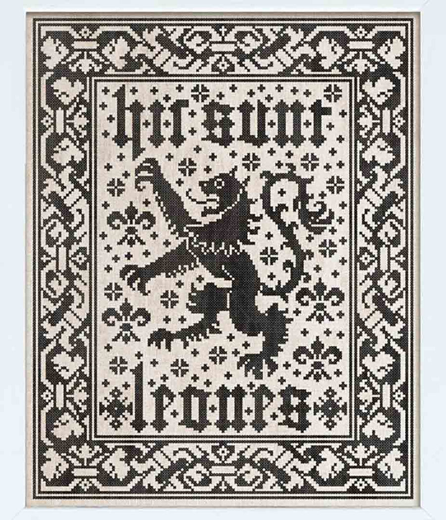 A stitched preview of the counted cross stitch pattern Here Be Lions by Modern Folk Embroidery
