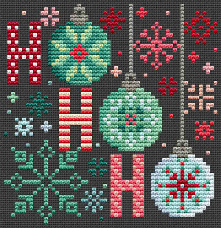 A stitched preview of the counted cross stitch pattern Ho Ho Ho by Erin Elizabeth Designs